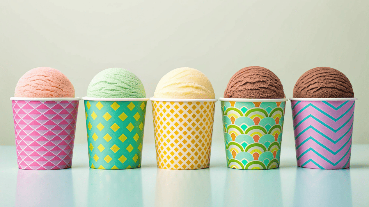 Advantages of Branded Ice Cream Cups A collection of colorful, custom branded ice cream cups.