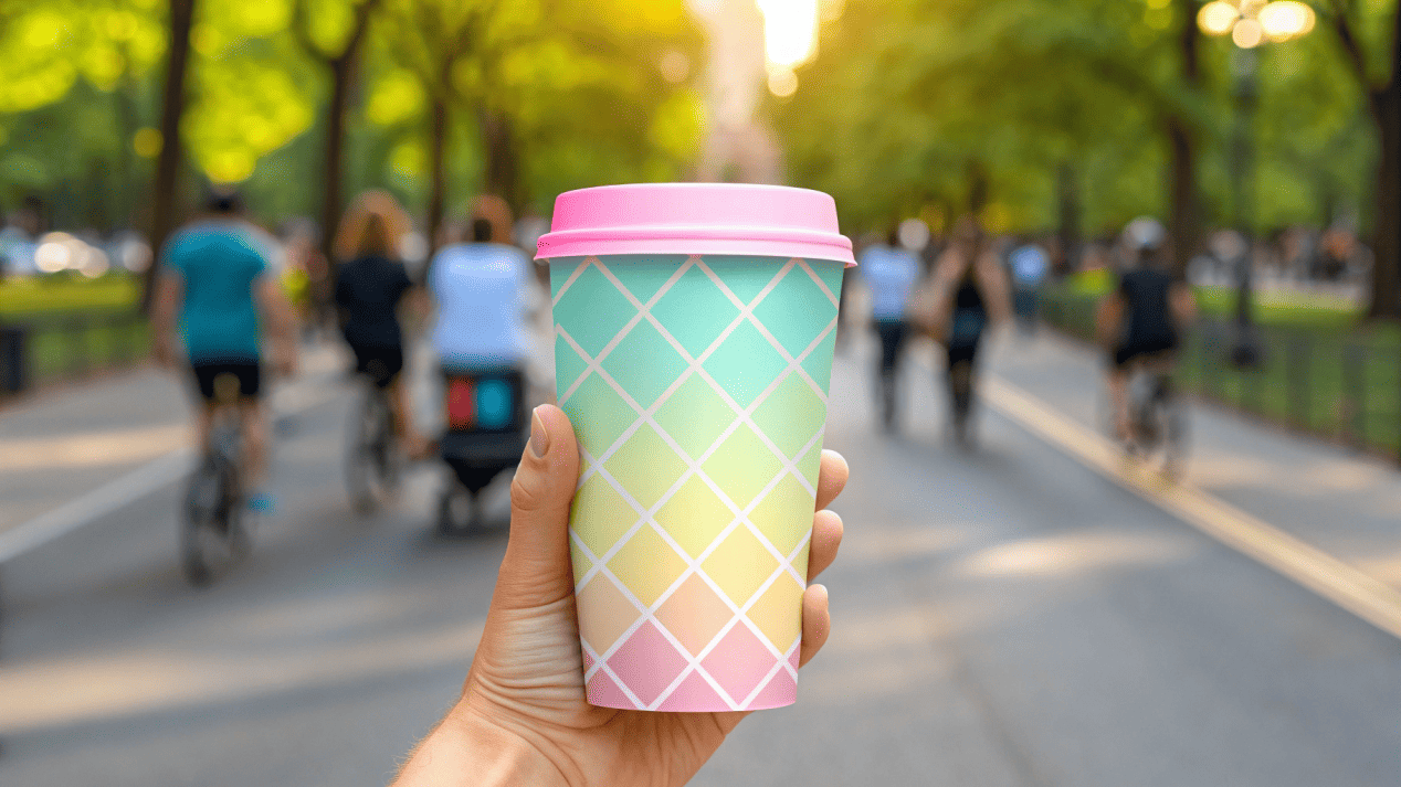 Branded Cup as a Mobile Advertisement A person walking in a busy park holding a brightly branded ice cream cup.
