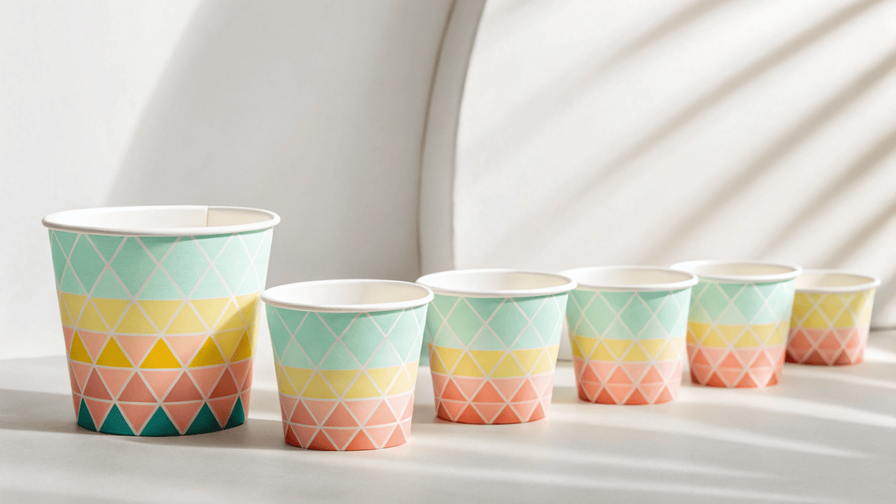 Using Cup Design to Upsell A lineup of three branded ice cream cups in small, medium, and large sizes.