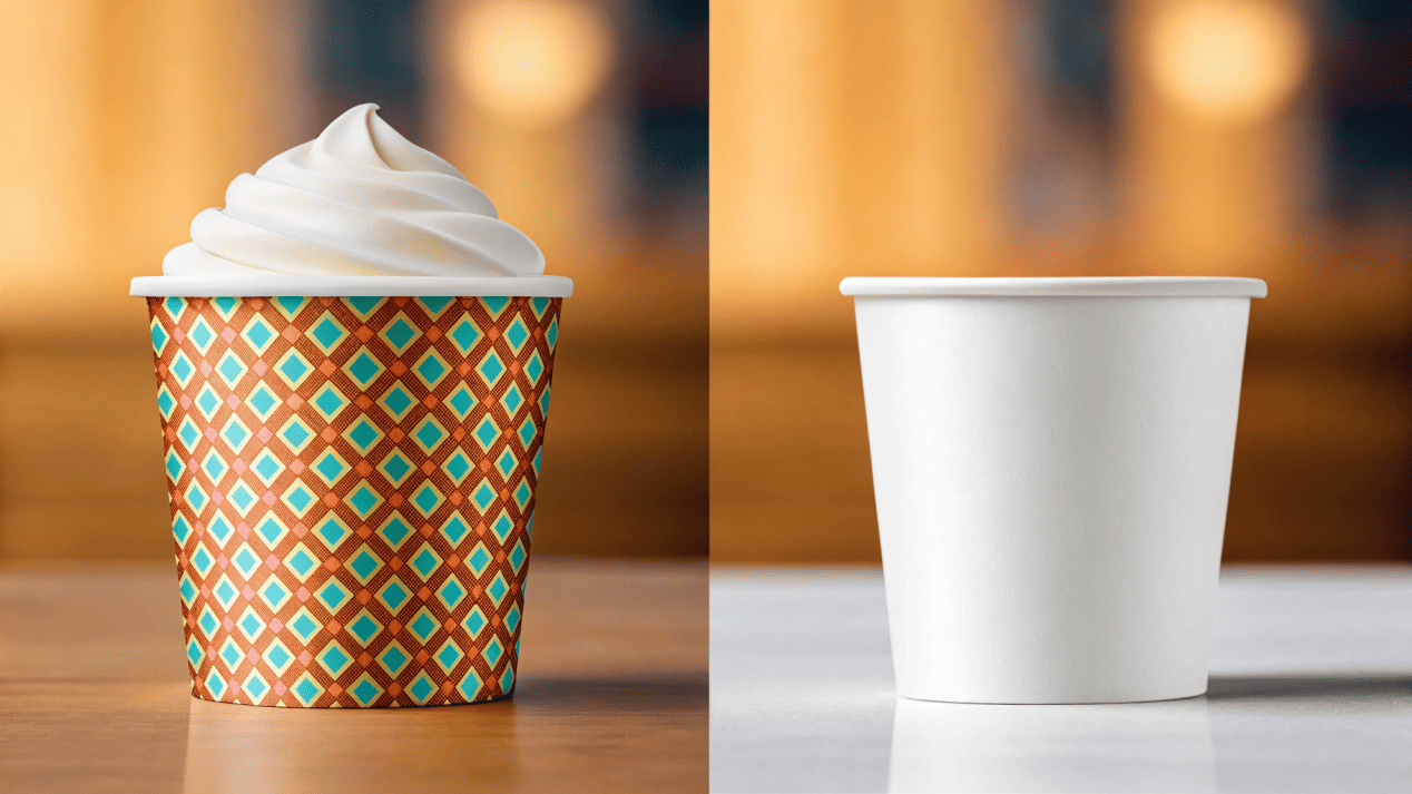 Differentiating Your Brand with Custom Cups A split image showing a premium branded ice cream cup next to a plain white generic cup.
