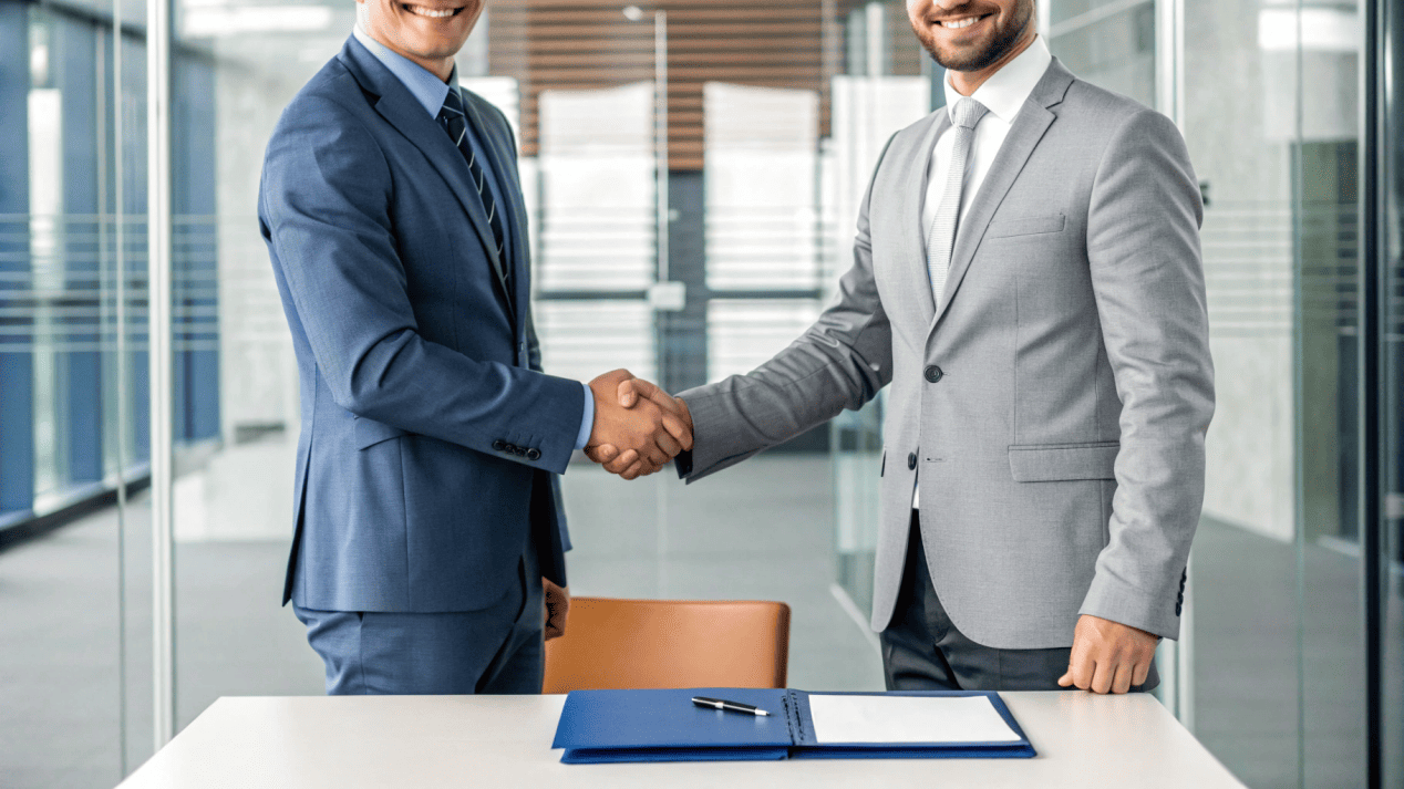 Two business people shaking hands over a supply agreement.