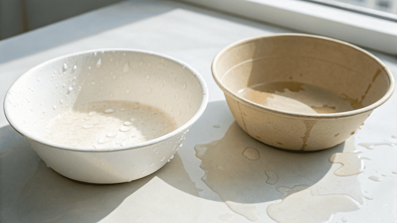 A leaky paper bowl creating a mess next to a pristine, sturdy bowl.