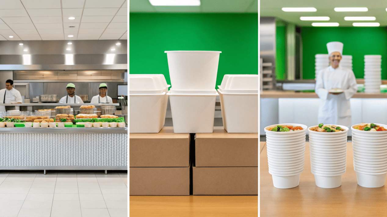A split image showing a QSR, a catering event, and a hospital cafeteria.