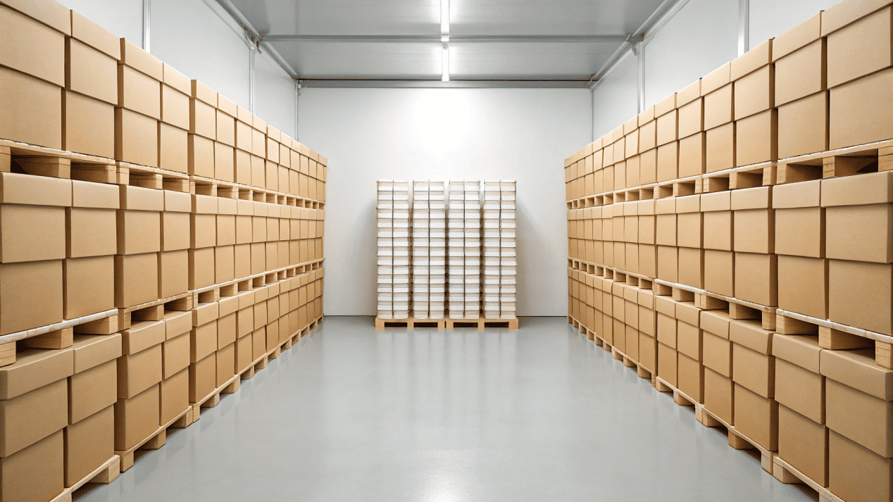 Smart Inventory Management for Ice Cream Cups An organized storeroom with neat stacks of ice cream cup boxes, not over-filled.