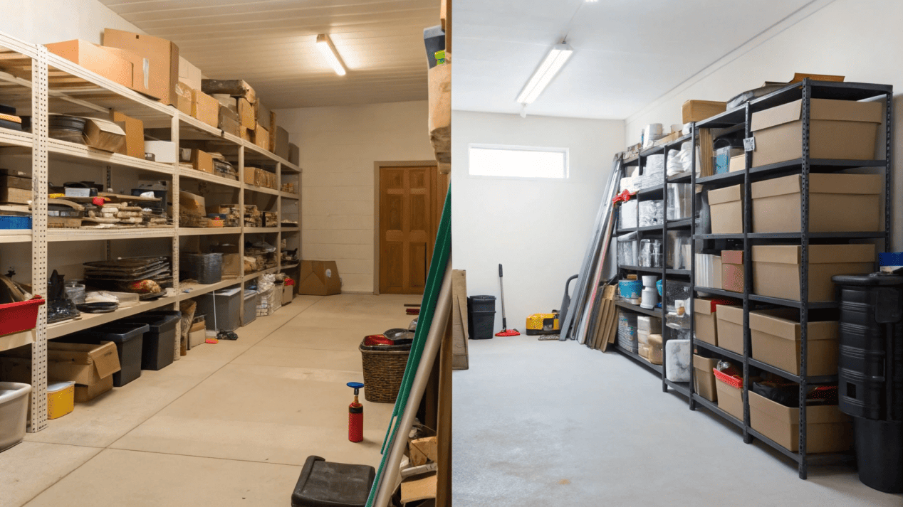 Assessing Storage Space for Bulk Orders A photo of a cramped, disorganized backroom, contrasted with a neat and tidy one.