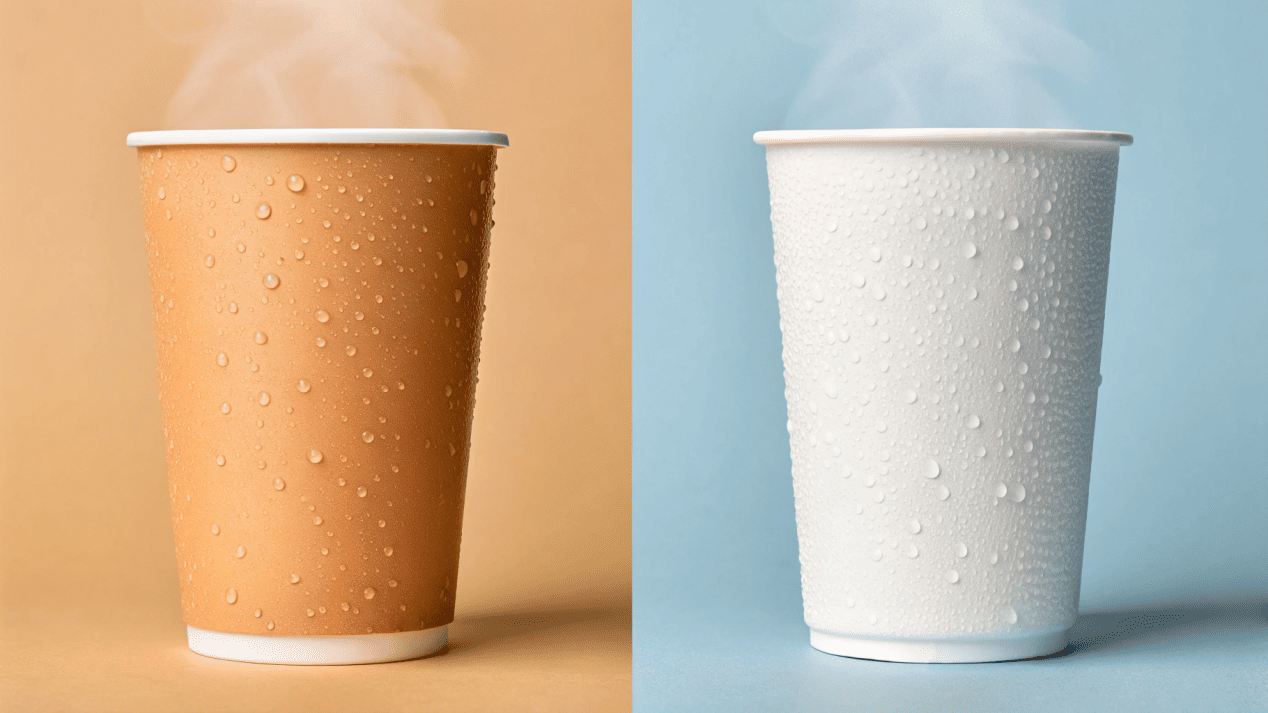 A split image showing a double-wall cup with steam for a hot drink, and a sturdy single-wall cup with condensation for a cold drink.
