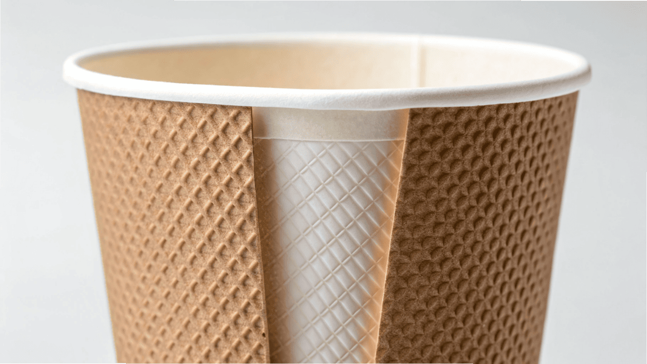 A close-up of the cross-section of a double-wall paper cup showing the insulating air gap between the two layers.
