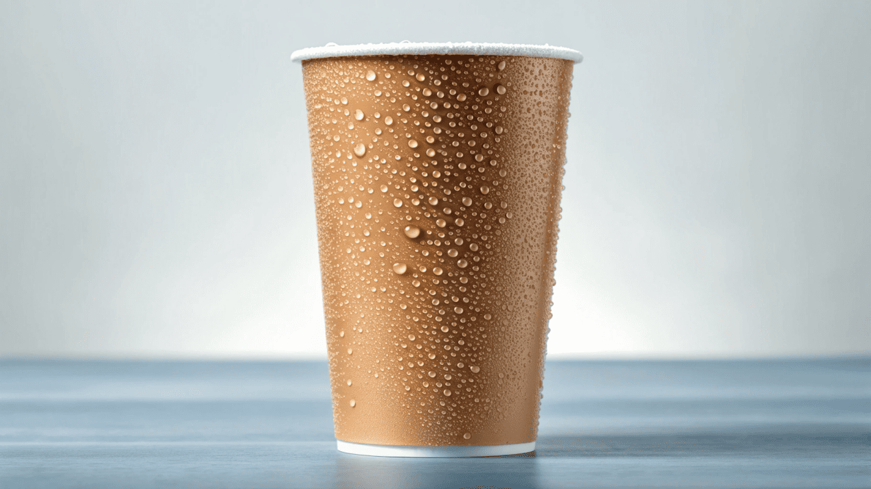 A sturdy paper cup holding an iced beverage, beaded with condensation but maintaining its strong, upright shape.