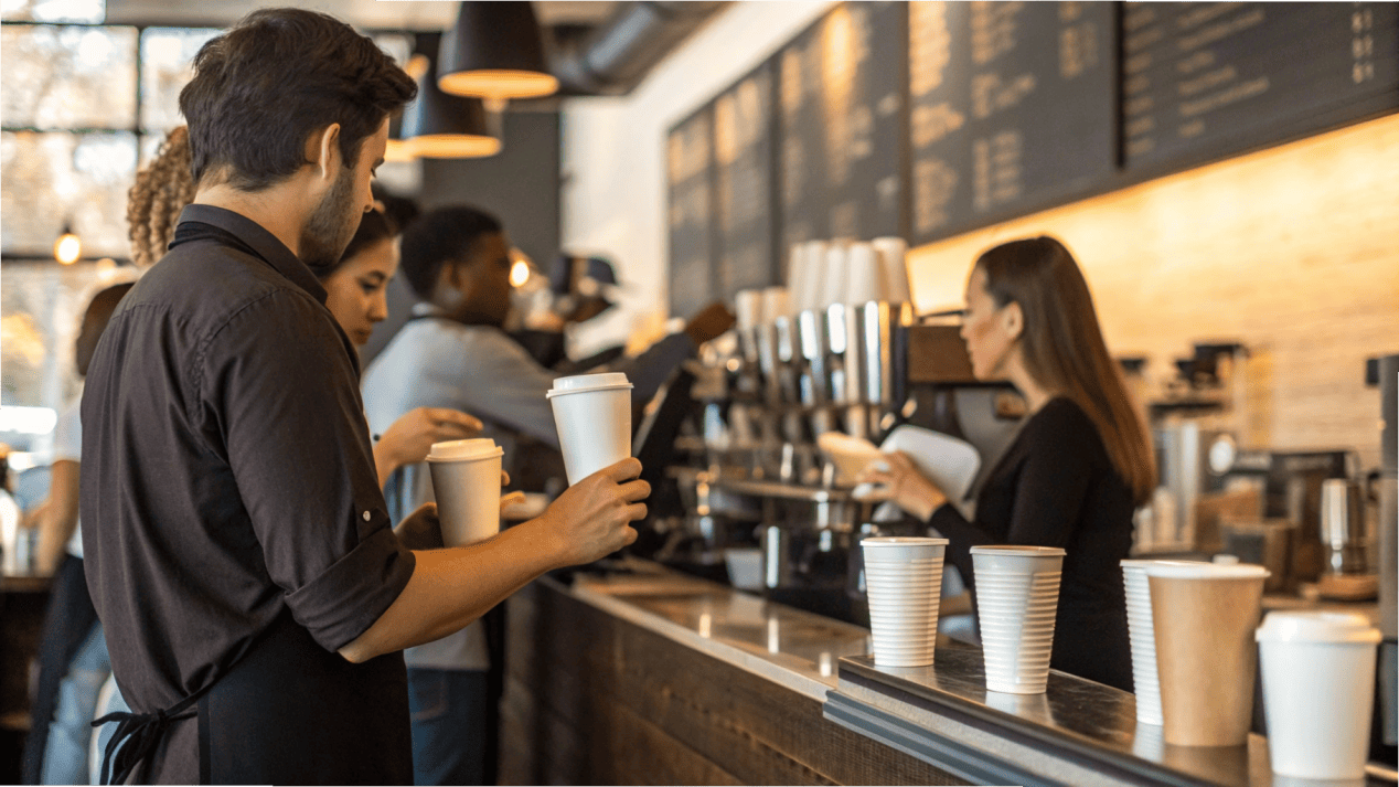 A busy coffee shop counter during the morning rush with customers grabbing single-wall cups.