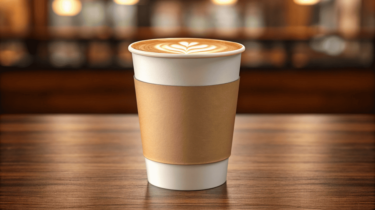 A beautifully crafted latte in a premium double-wall cup, sitting on a coffee shop table.