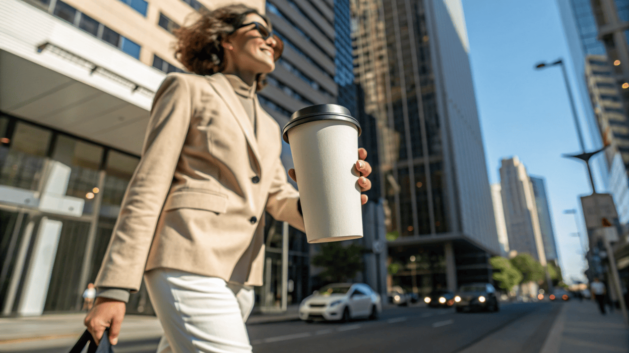 A person walking down the street confidently holding a branded take-away cup with a secure lid.
