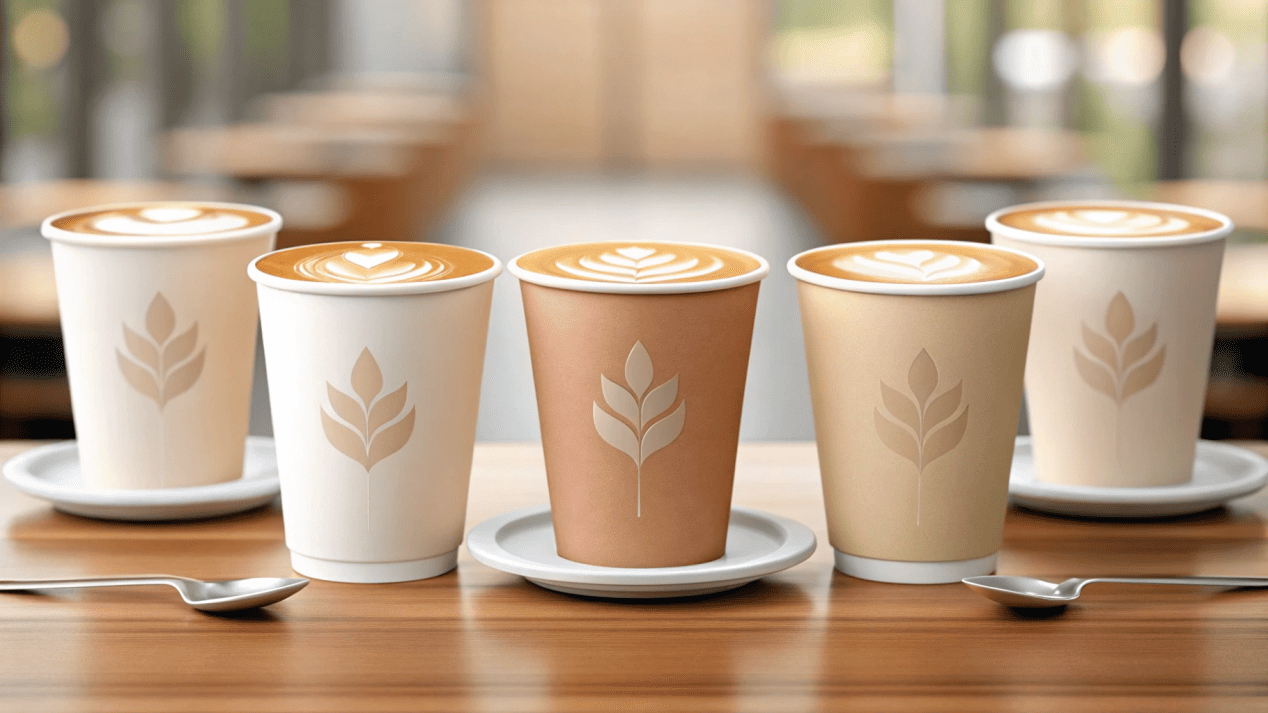 A beautifully set coffee shop table with different drinks served in appropriately sized paper cups.