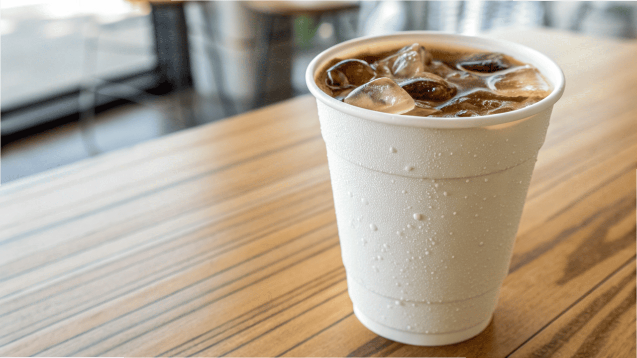 Condensation on a Double Coated Cup An iced coffee in a double coated cup with beads of condensation on the outside.
