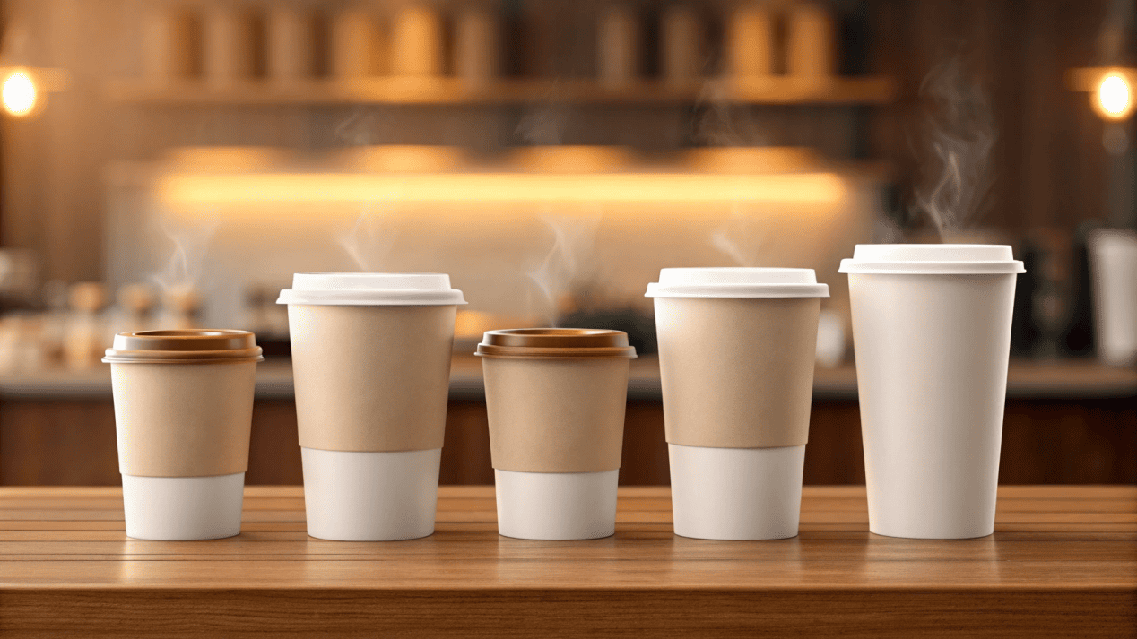 Coffee Cup Sizes and Customer Experience A lineup of different sized coffee cups from small to large on a cafe counter.