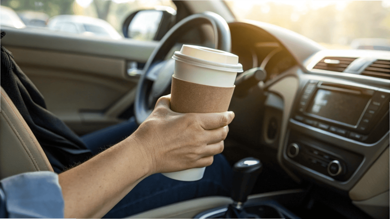 Ergonomics and Coffee Cup Handling A hand trying to awkwardly fit a wide coffee cup into a car's cup holder.