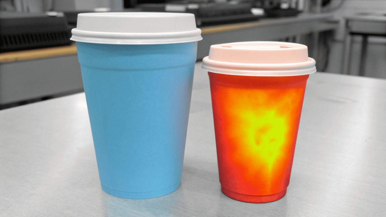 Coffee Cup Size and Heat Retention A thermal camera image showing a large wide cup cooling faster than a small narrow cup.