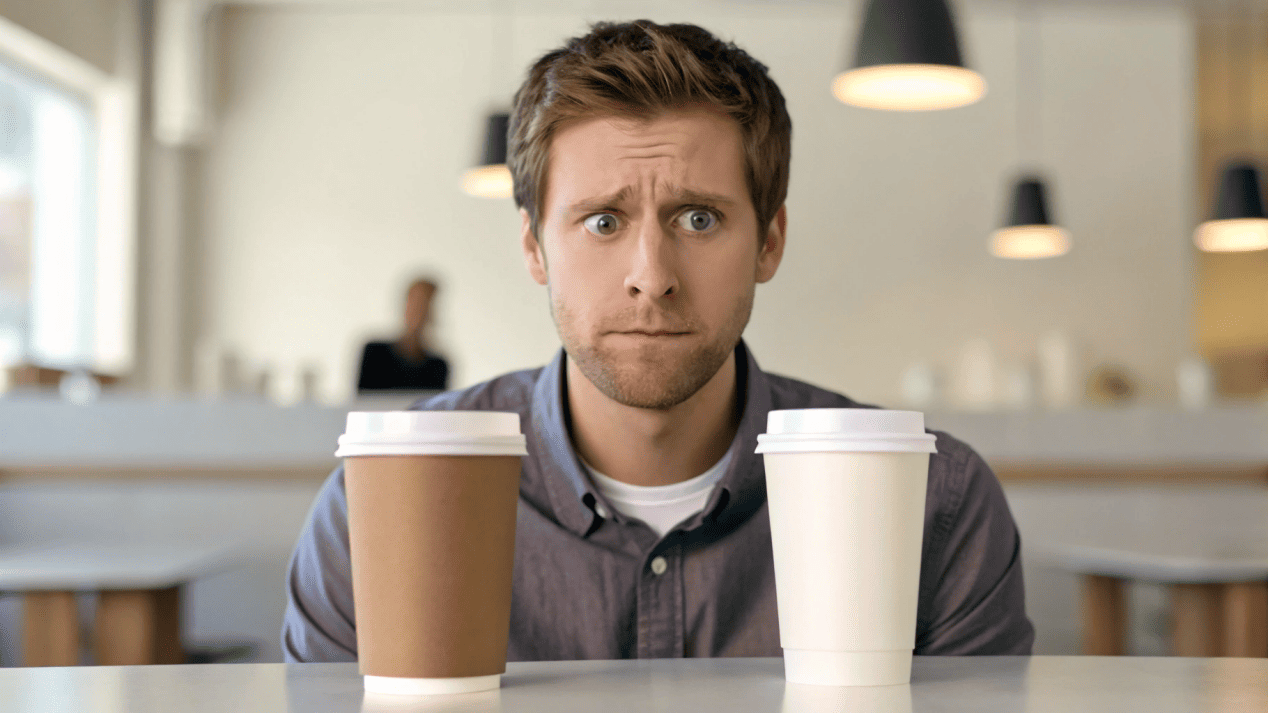 Customer Portion Satisfaction for Coffee A customer looking confused at a small 'Large' coffee cup compared to a competitor's larger cup.