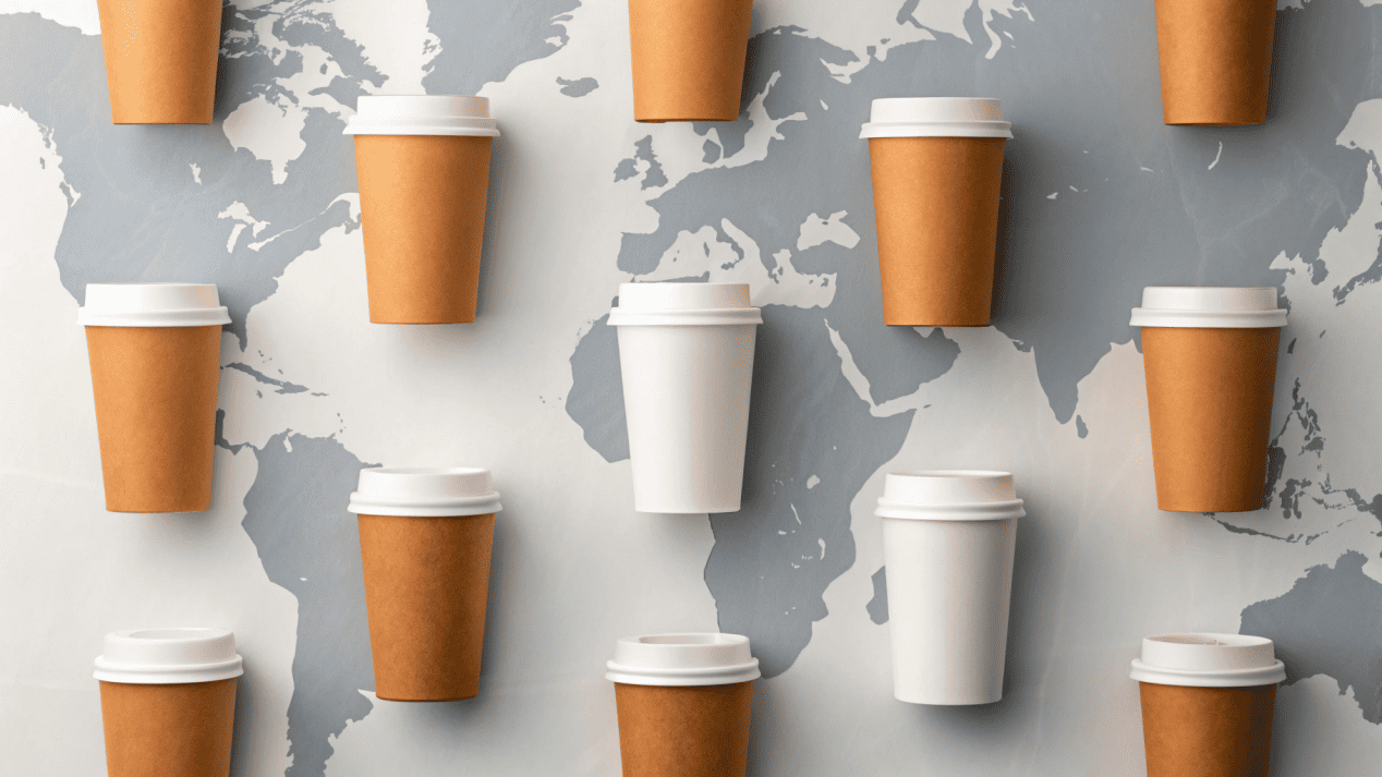 Global Coffee Cup Size Standards A world map with coffee cups of different sizes placed over different regions like the USA, Europe, and Australia.