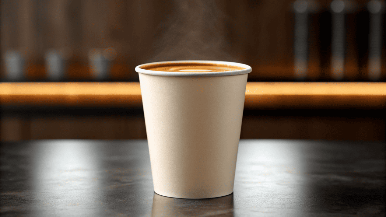 Proper Espresso Cup Size A small 4oz paper cup holding a perfect shot of espresso with rich crema.