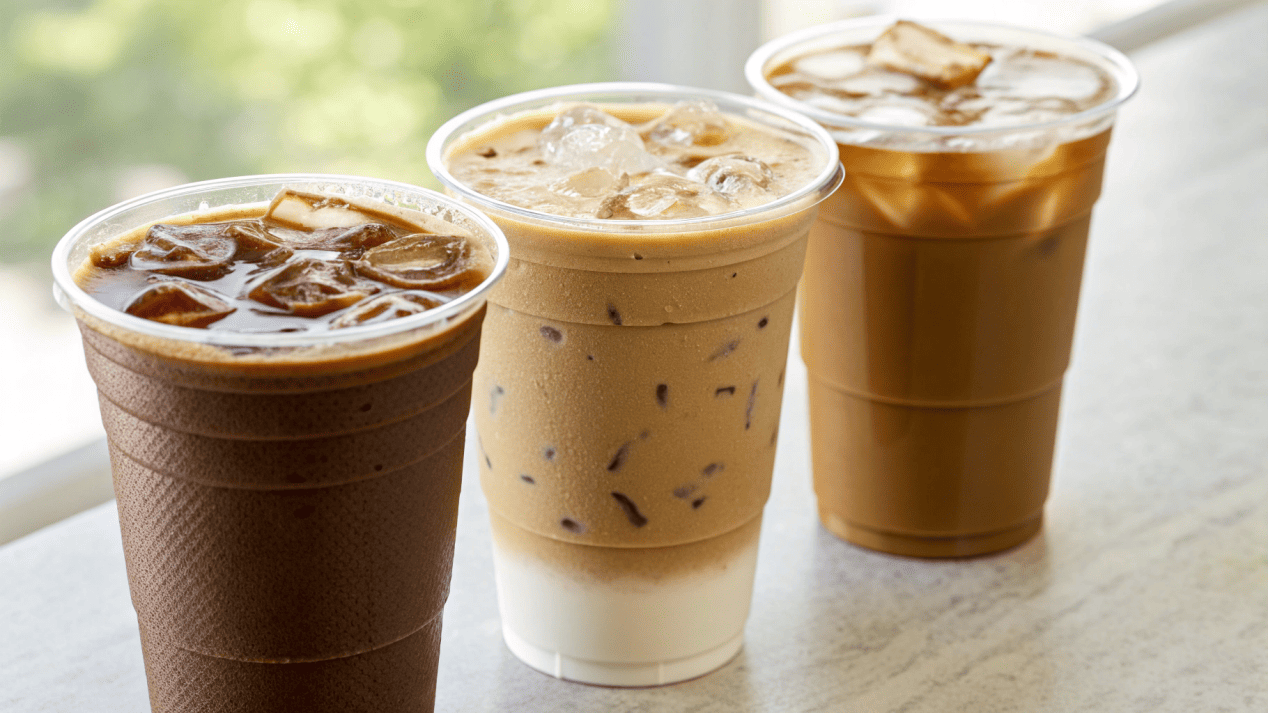 Matching the Coffee Cup to the Drink Three coffee drinks—an espresso, a latte, and an iced coffee—each in their perfectly sized and branded disposable cup.
