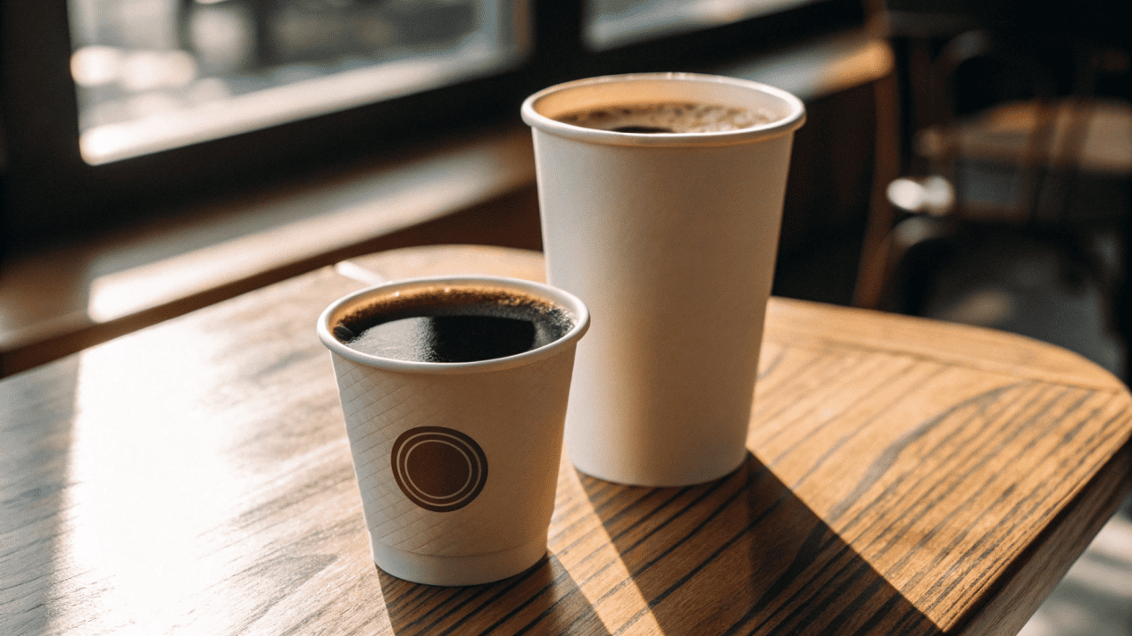 Americano Strength by Cup Size Two Americano cups, a smaller one looking darker and a larger one looking lighter.