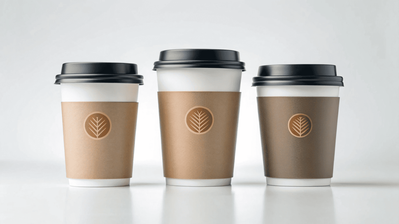 Adapting Brand Design to Coffee Cup Size A series of three branded coffee cups (small, medium, large) showing how the design layout adapts to each size.