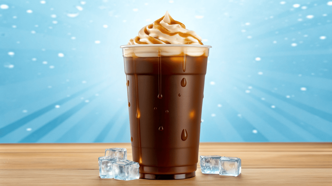 Large Cups for Specialty Iced Coffee A large 20oz iced coffee with whipped cream and caramel drizzle.