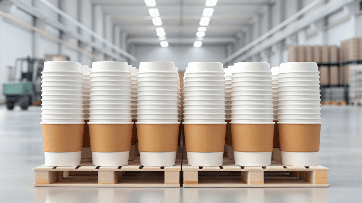 Strategic Bulk Ordering for Coffee Cups Stacks of branded coffee cups ready for distribution from a factory.