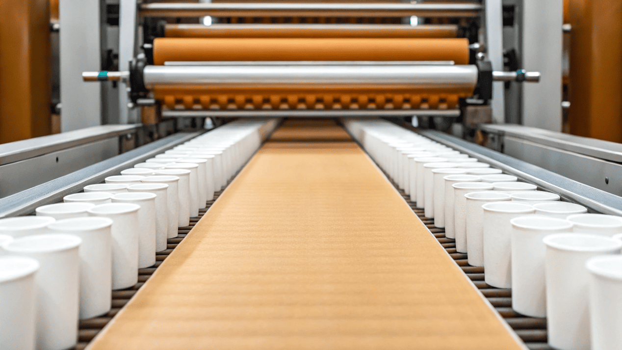 Economies of Scale in Cup Manufacturing A printing machine running a large batch of custom coffee cups.