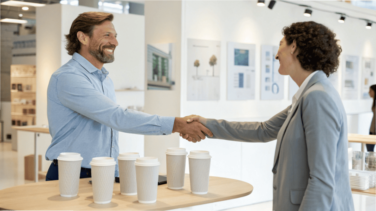 Supplier Negotiation and Partnership Two business partners shaking hands over a table with coffee cup samples.