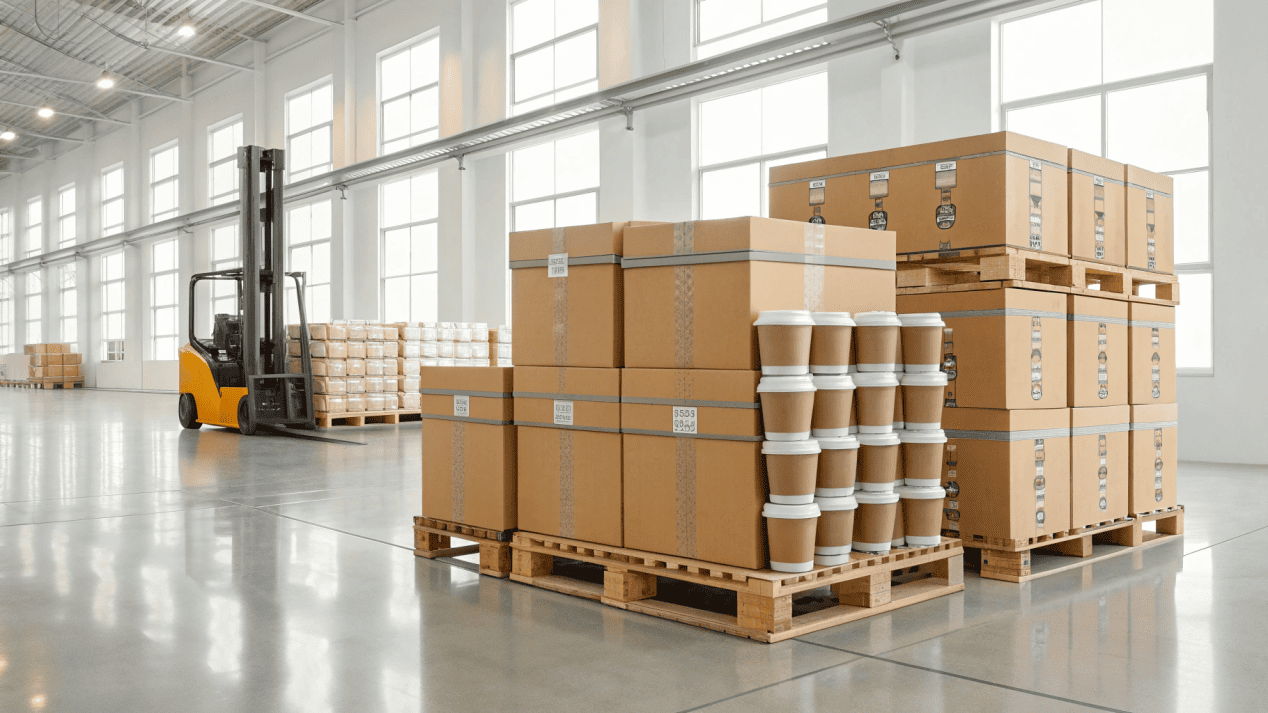 Warehouse Storage Planning for Cups A clean, organized warehouse with pallets of neatly stacked coffee cup boxes.