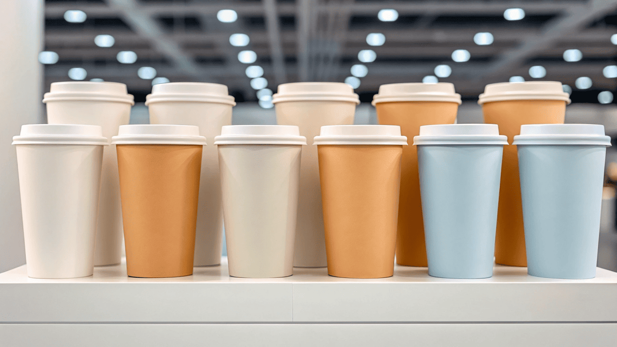 A strategic lineup of different sized branded cups on a display shelf.