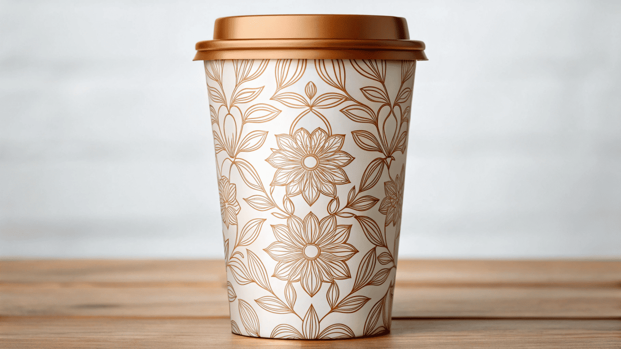 A large, custom-printed coffee cup with detailed illustrations and text.