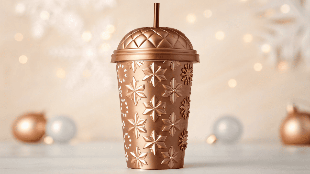 A uniquely shaped, oversized milkshake cup with festive seasonal branding.