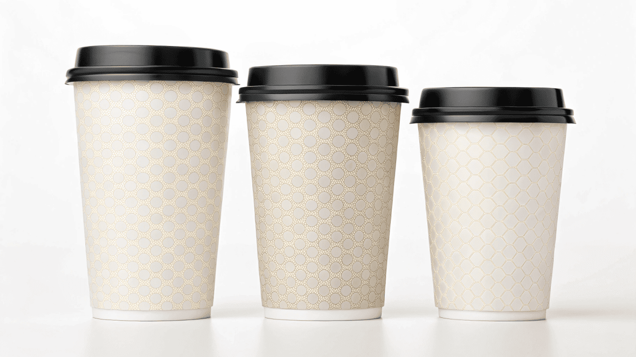A branded set of coffee cups in 12oz, 16oz, and 20oz sizes, all with the same style of lid.