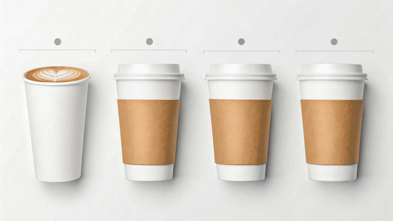 A chart showing different coffee drinks like espresso, flat white, and latte in their correctly paired cup sizes.
