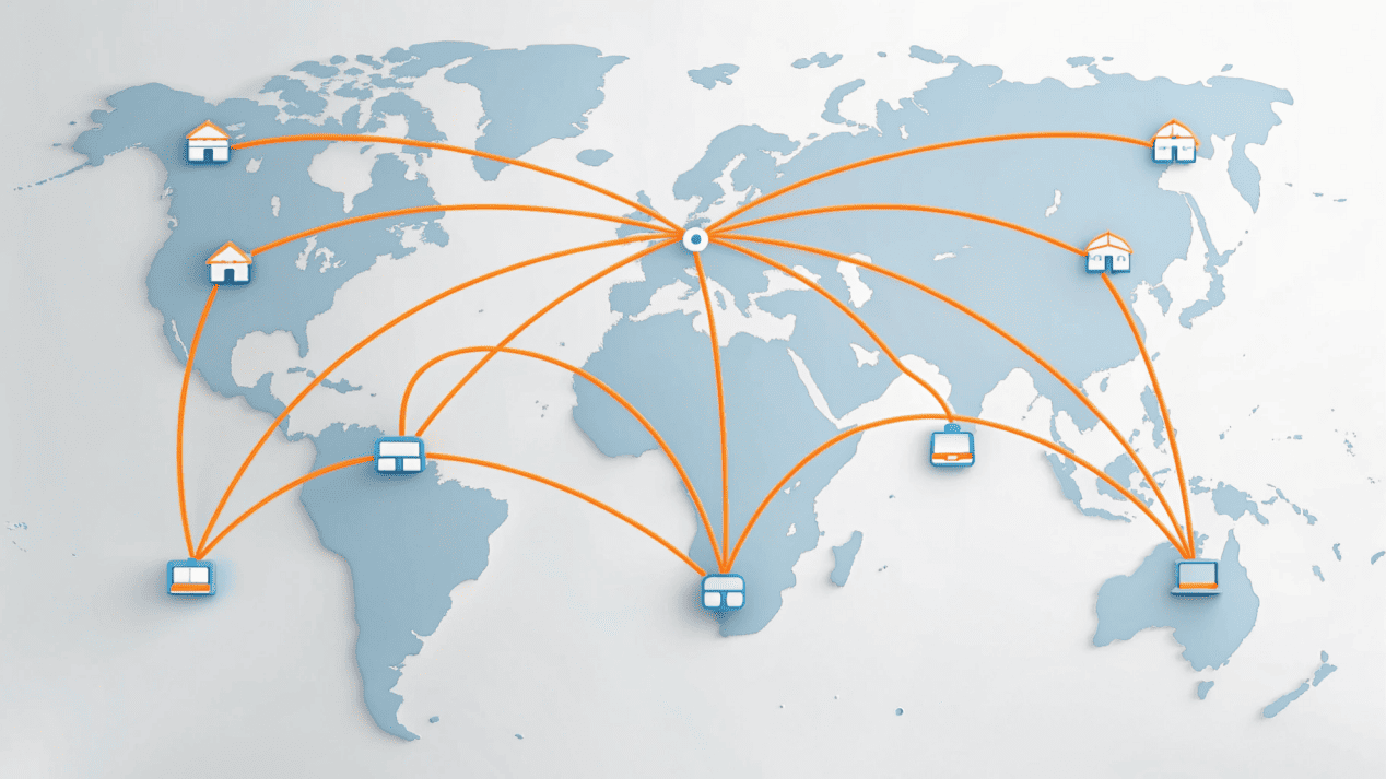 A world map with shipping routes connecting a factory icon to multiple store icons across continents.
