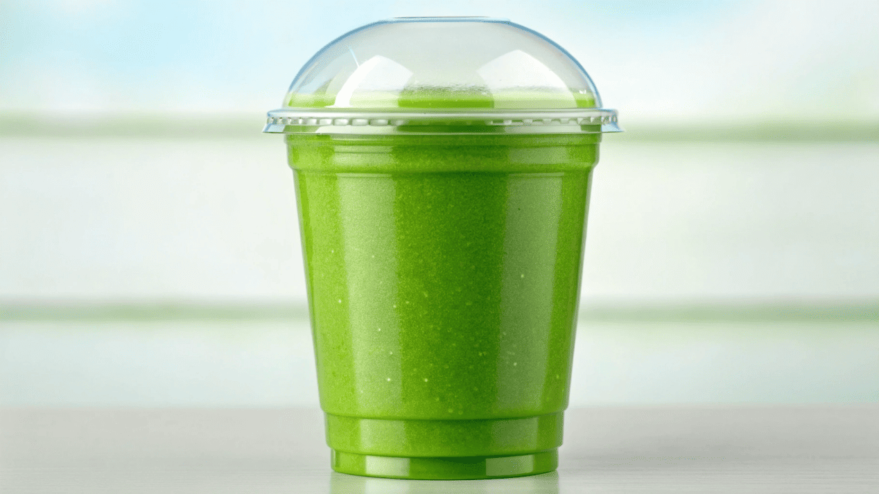 A vibrant green smoothie in a clear PET cup with a dome lid.