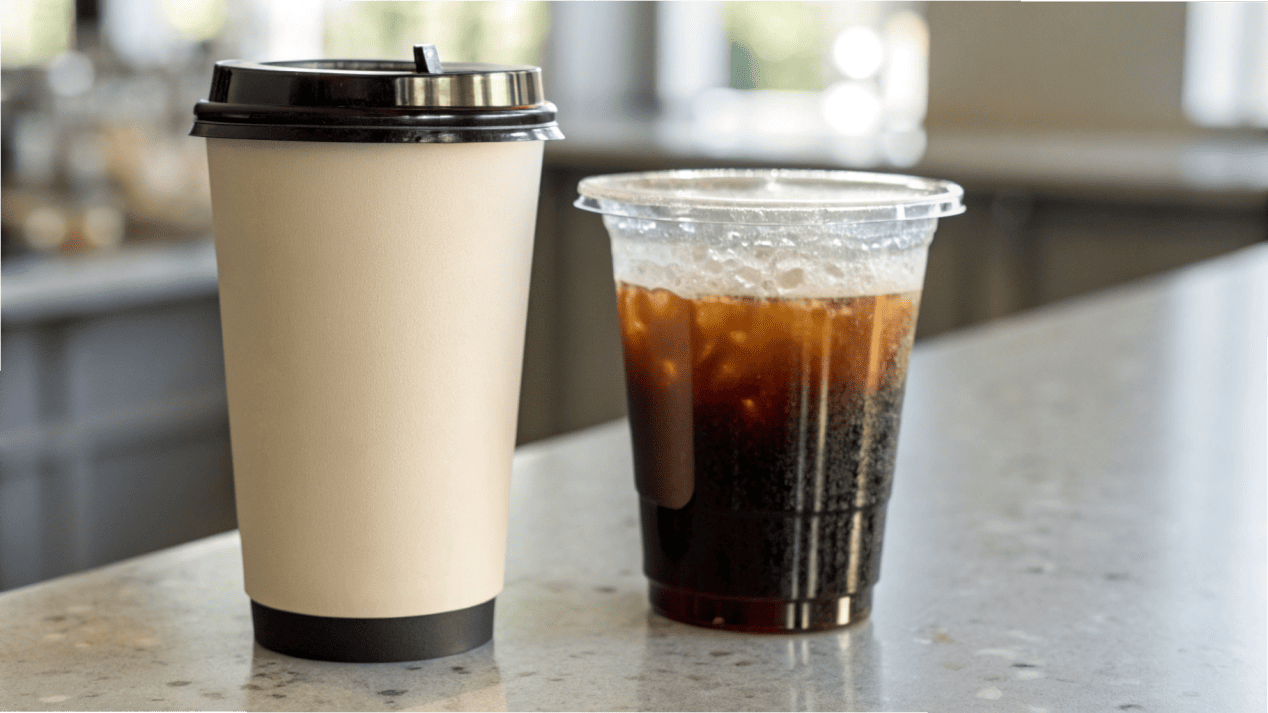 Tall, slender cups for cold brew, one paper and one clear PET for nitro coffee.