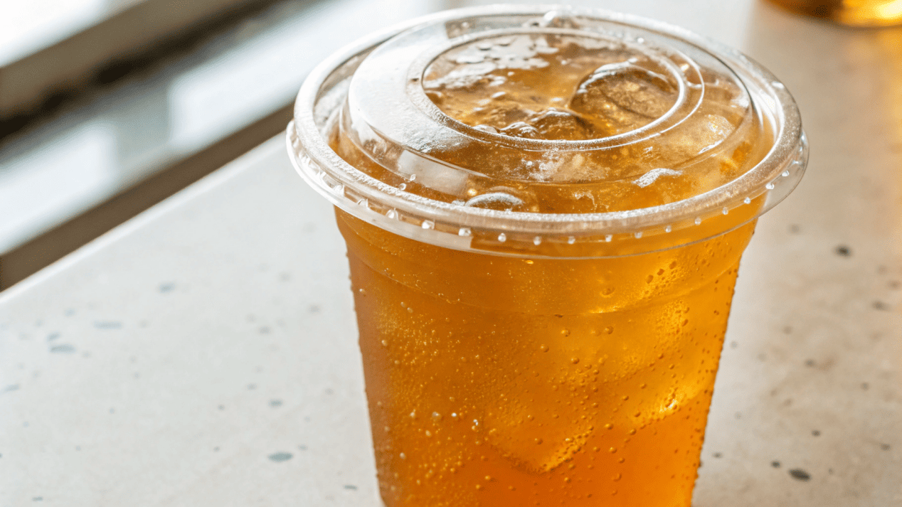 A securely lidded cup of kombucha, showing no leaks.