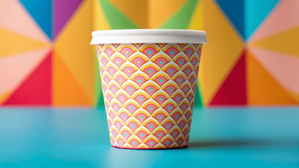 Custom Printed Ice Cream Cup Branding A beautifully branded custom printed ice cream cup held up against a colorful background.