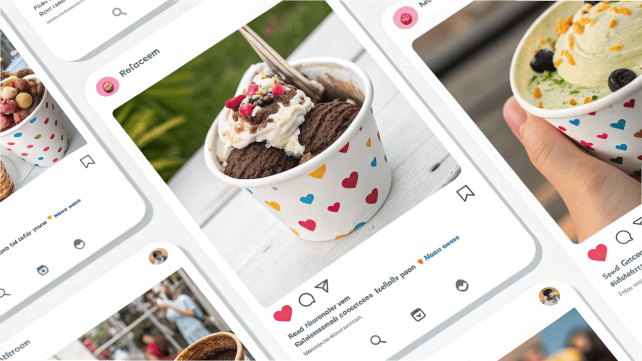 Ice Cream Cups as a Social Media Marketing Tool A collage of Instagram posts featuring a unique and colorful custom ice cream cup.