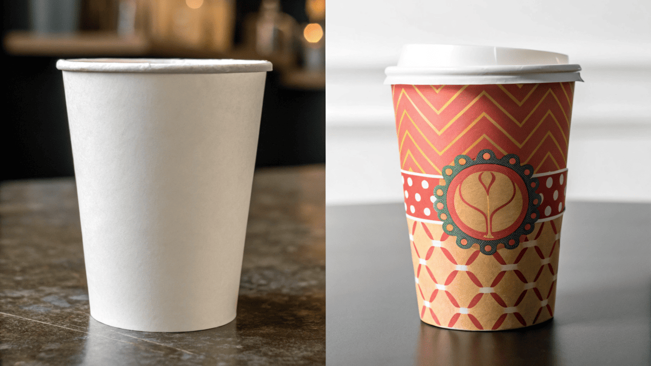 The ROI of Custom Printed Cups A comparison graphic showing a plain cup with a low price tag vs. a branded cup with a higher price tag and a "Justifies Premium Price" badge.