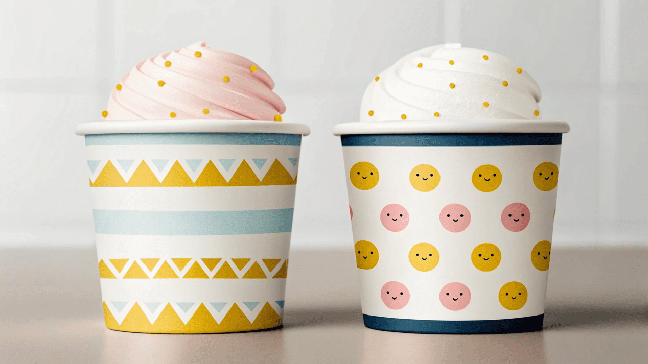 Communicating Your Brand's Message Two different custom ice cream cups, one playful and one elegant, side-by-side.