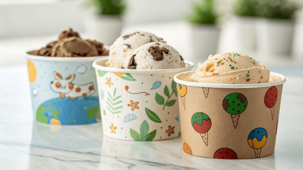 Targeting Your Audience with Cup Design A collection of ice cream cups designed for different audiences: kids, adults, eco-conscious consumers.