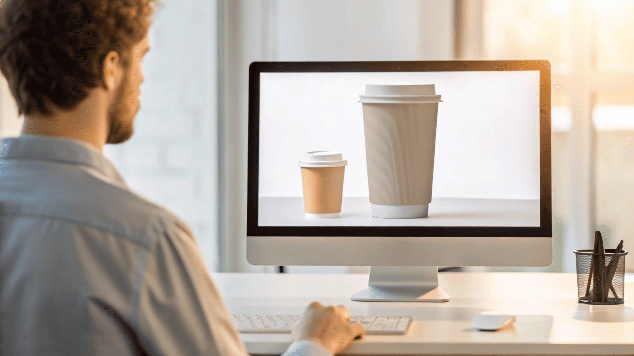 A designer looking at a 3D digital mock-up and a physical prototype of a cup.