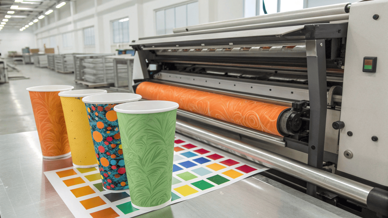 A printing press in action, showing cups with vibrant colors, and a Pantone color swatch book.