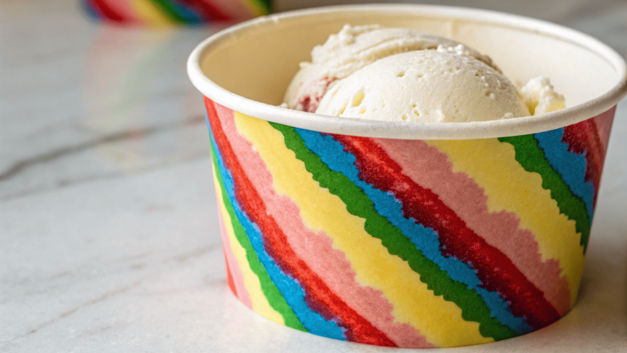 Vibrant Custom Printing on Ice Cream Cups A close-up shot of a brightly printed custom ice cream cup, showing sharp lines and vibrant colors.