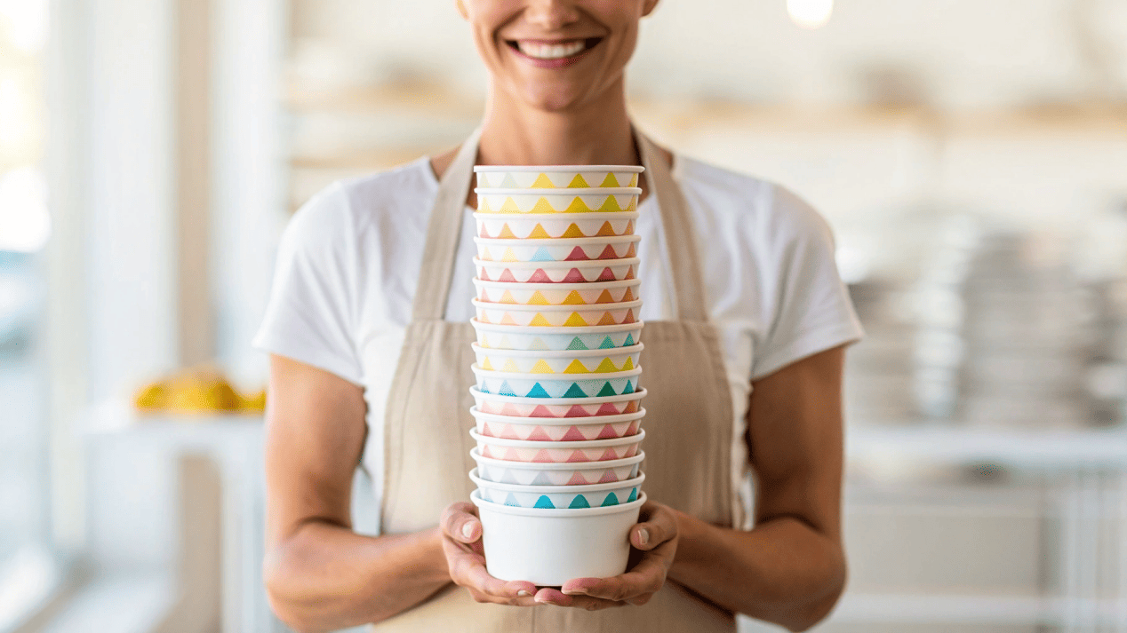Low MOQ for Small Businesses A small business owner proudly holding a stack of their own branded custom ice cream cups.