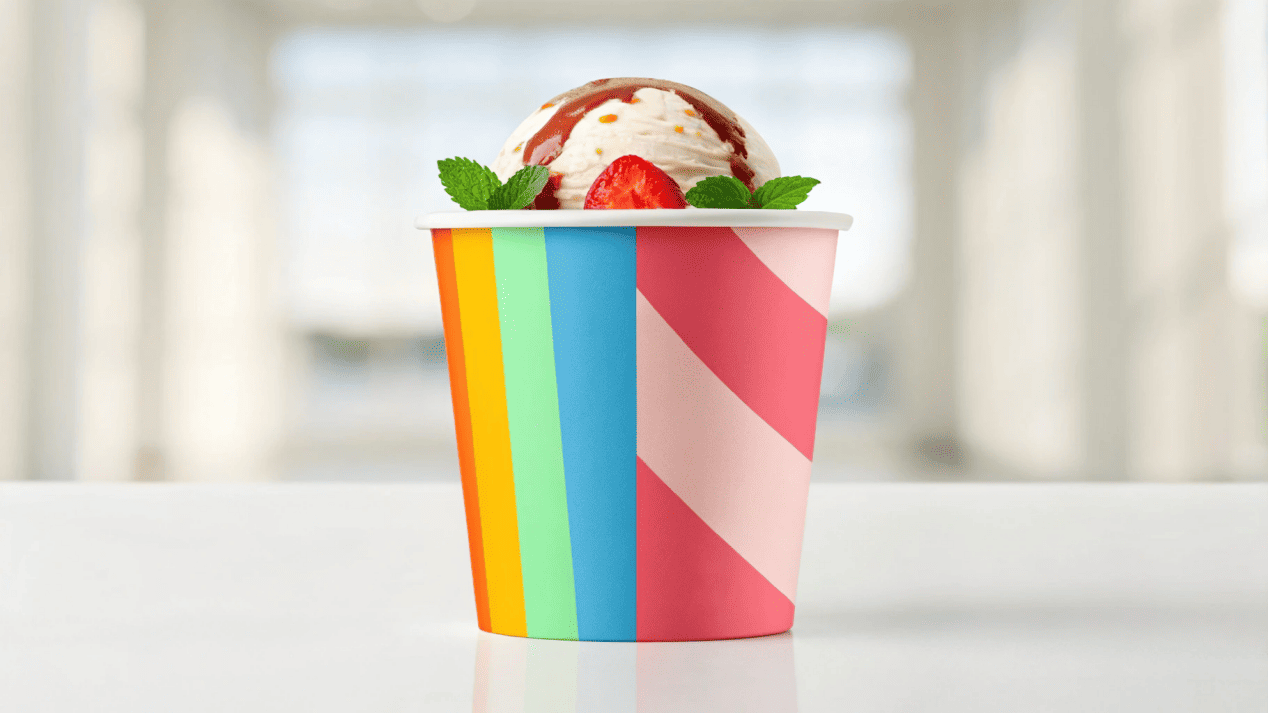A beautifully designed custom ice cream cup with a scoop of artisan gelato.